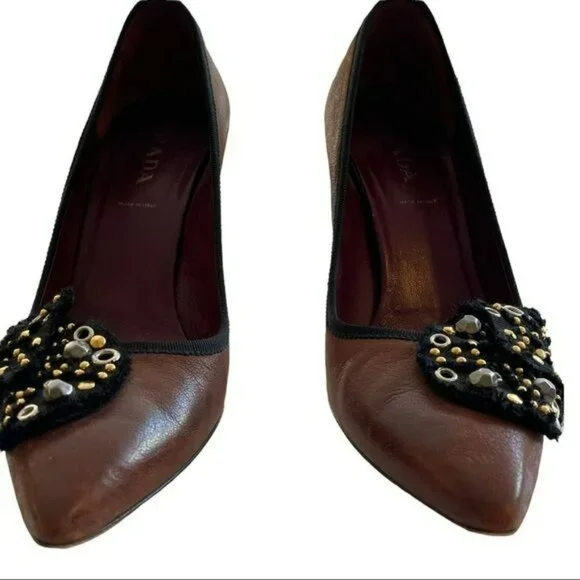 Prada Shoes Brown Embellished Pointed Heels Size 38.5 US 8.5 - Picture 3 of 6